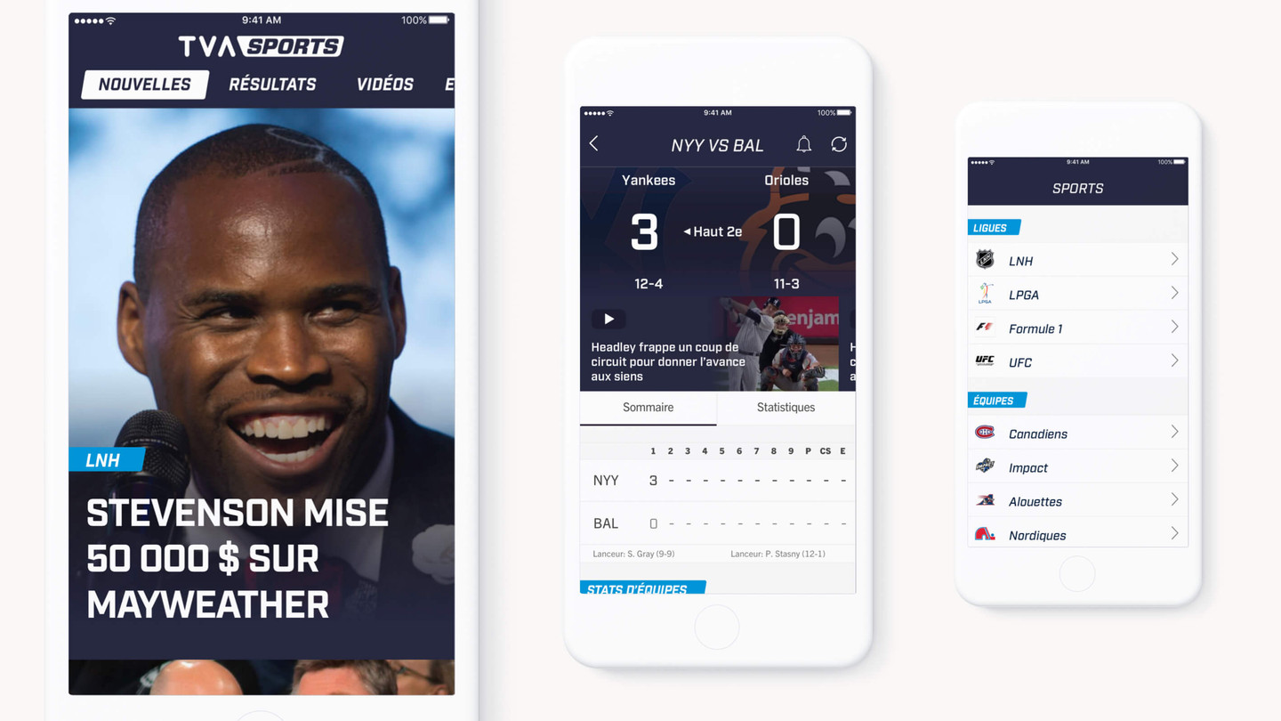 Application mobile React Native sur mesure pour TVA Sports affichant les résultats et les nouvelles concernant différents sports